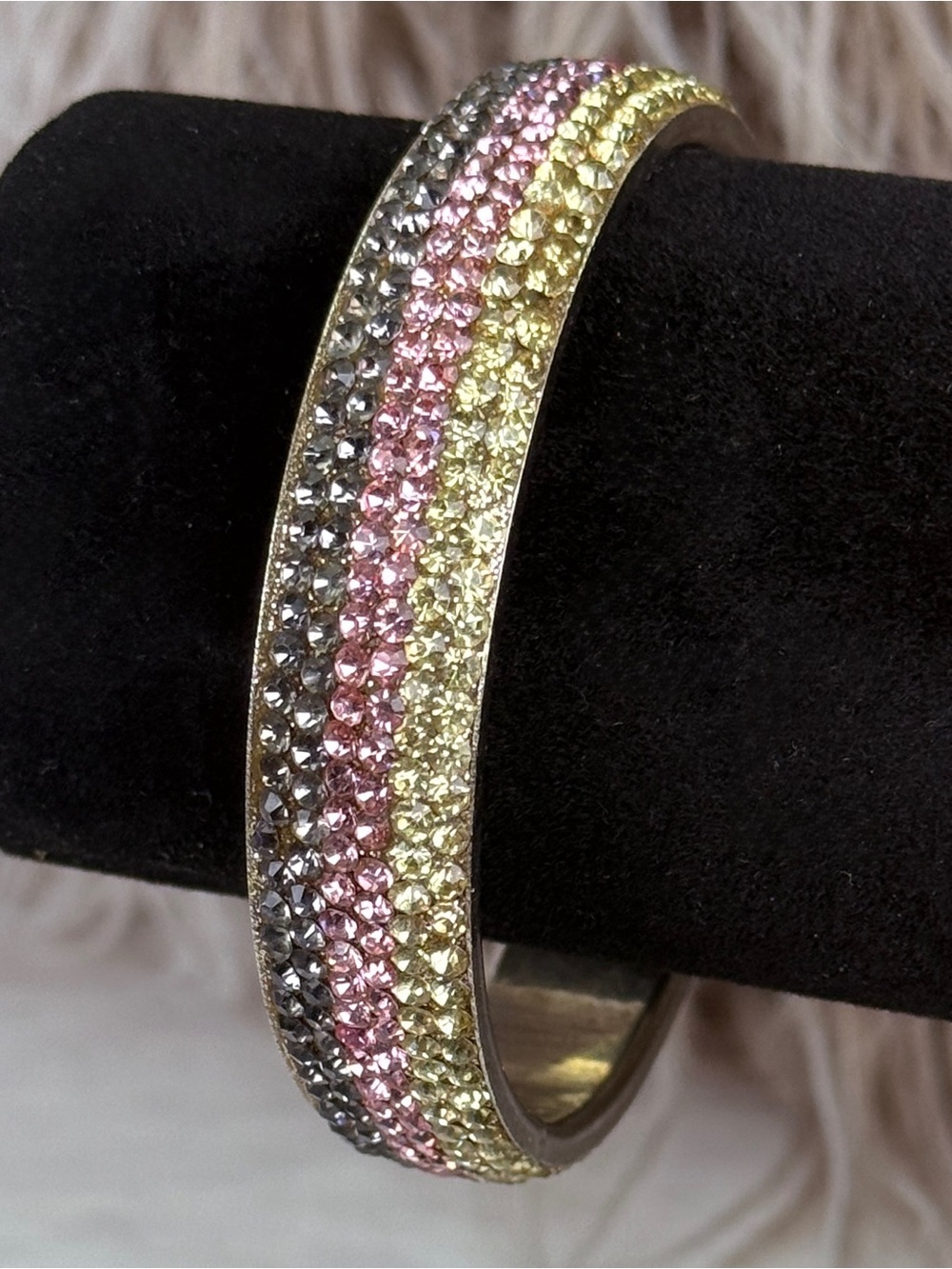 Vintage Multicolor Pave Crystal Bangle Bracelet Pink Yellow Gray
